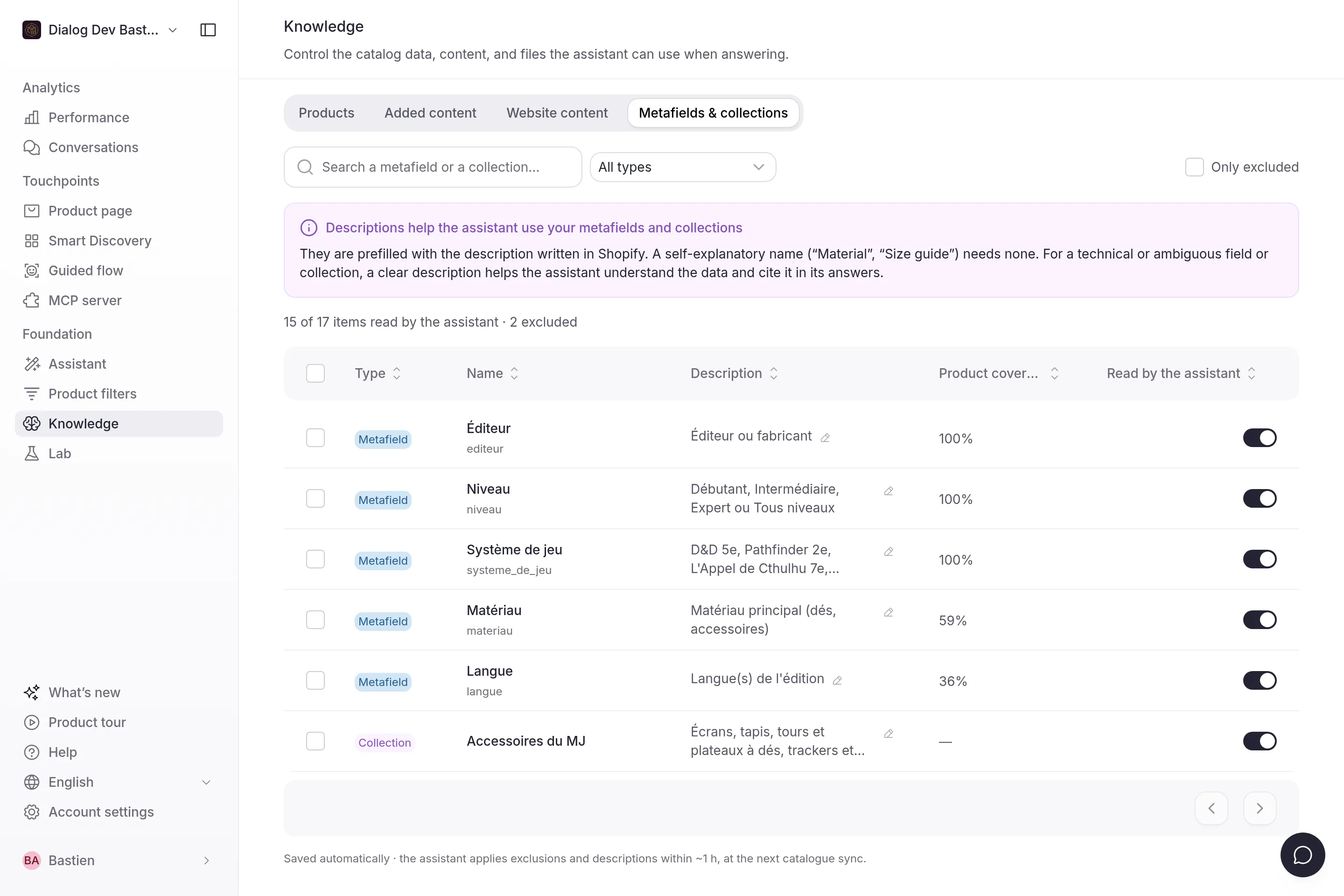 The Metafields and collections tab: type, name, description, product coverage and the Read by the assistant switch