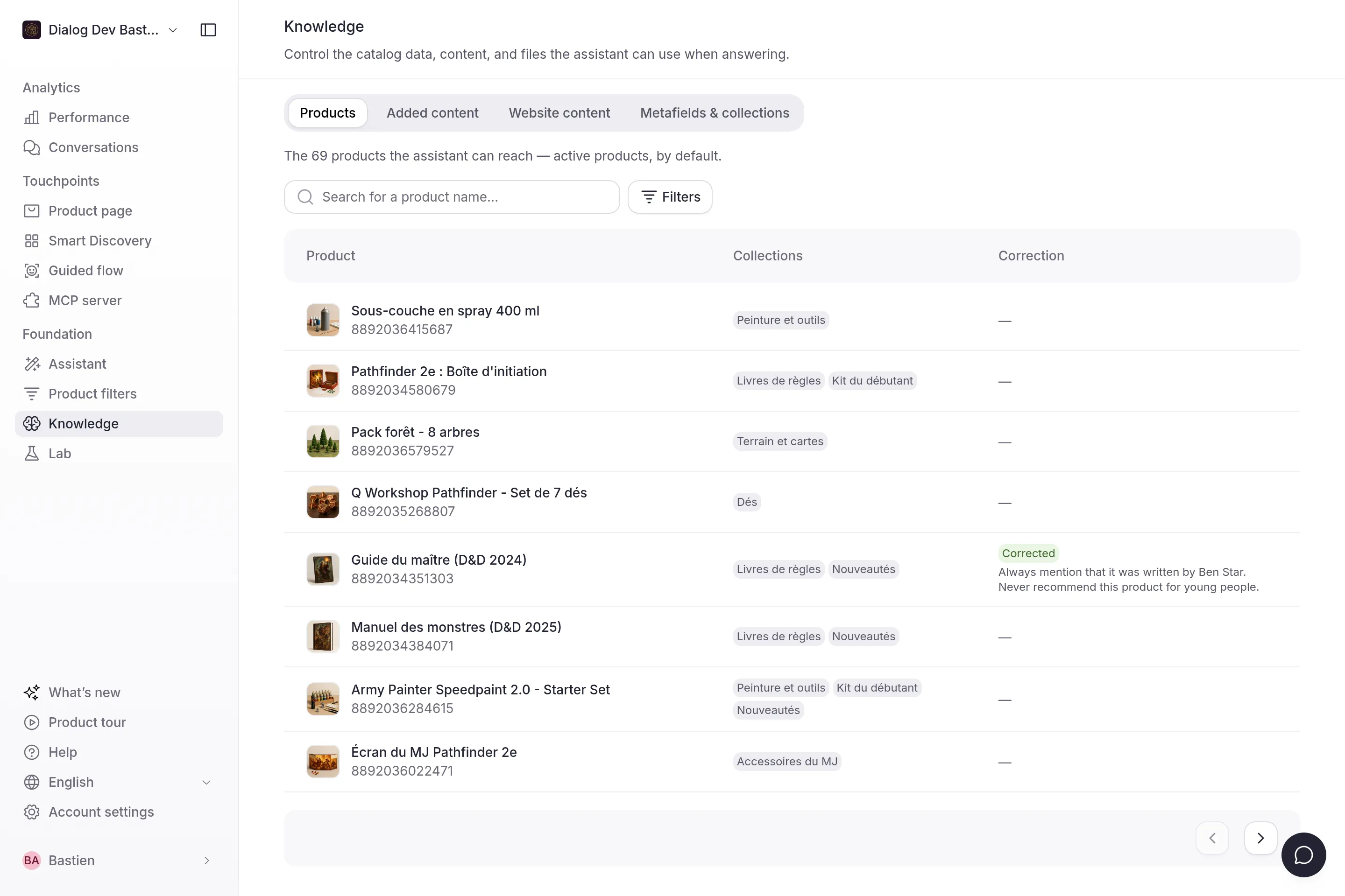 The Products tab of Knowledge: every product the assistant reads, with its id, its collections and its correction