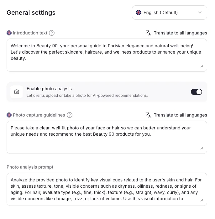 Personal Shopper general settings: introduction text, photo analysis toggle, photo capture guidelines, photo analysis prompt