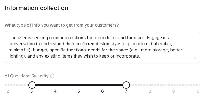 Personal Shopper information collection: prompt steering the qualification questions and an AI Questions Quantity slider from 2 to 10