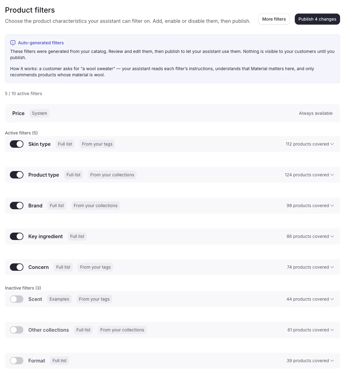 Product filters screen: publish button, auto-generated filters info card, active-filter counter, price system row, and filter rows with switches, type badges, provenance badges and coverage