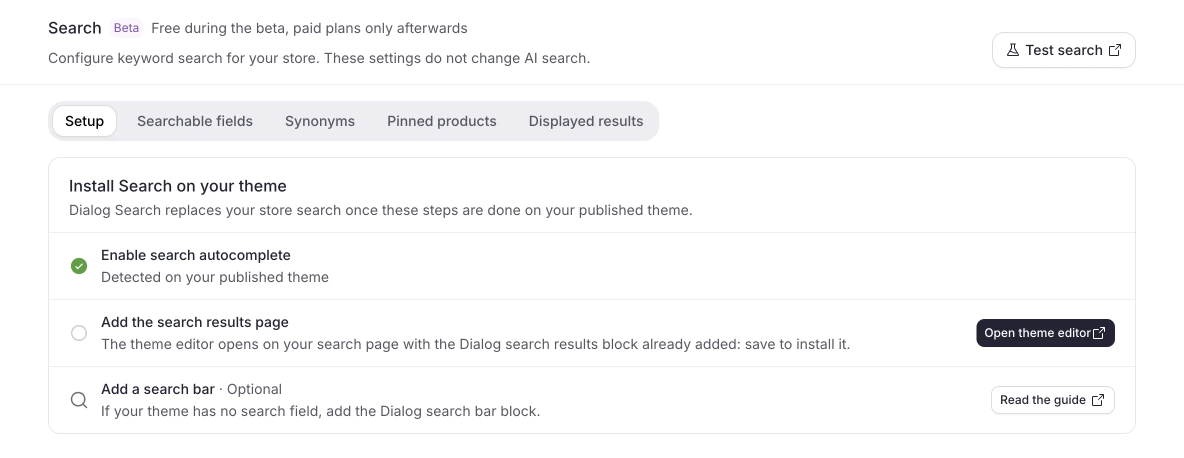 The Setup tab of the Search page: the Install Search on your theme checklist with its three rows, Enable search autocomplete, Add the search results page, and Add a search bar marked Optional