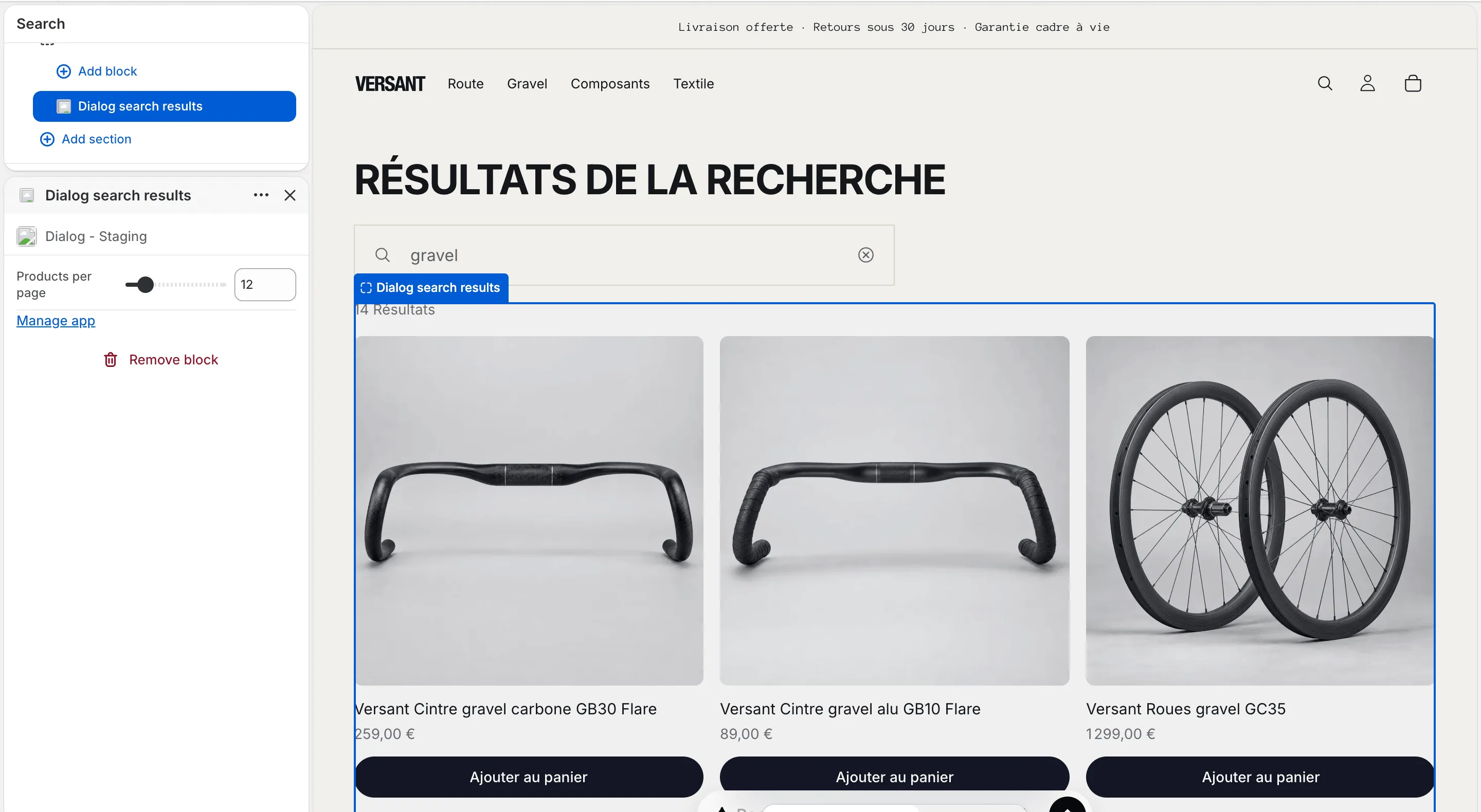 The Shopify theme editor on the Search template: the Dialog search results block added to the template, with its Products per page setting, and the Dialog product grid in the preview