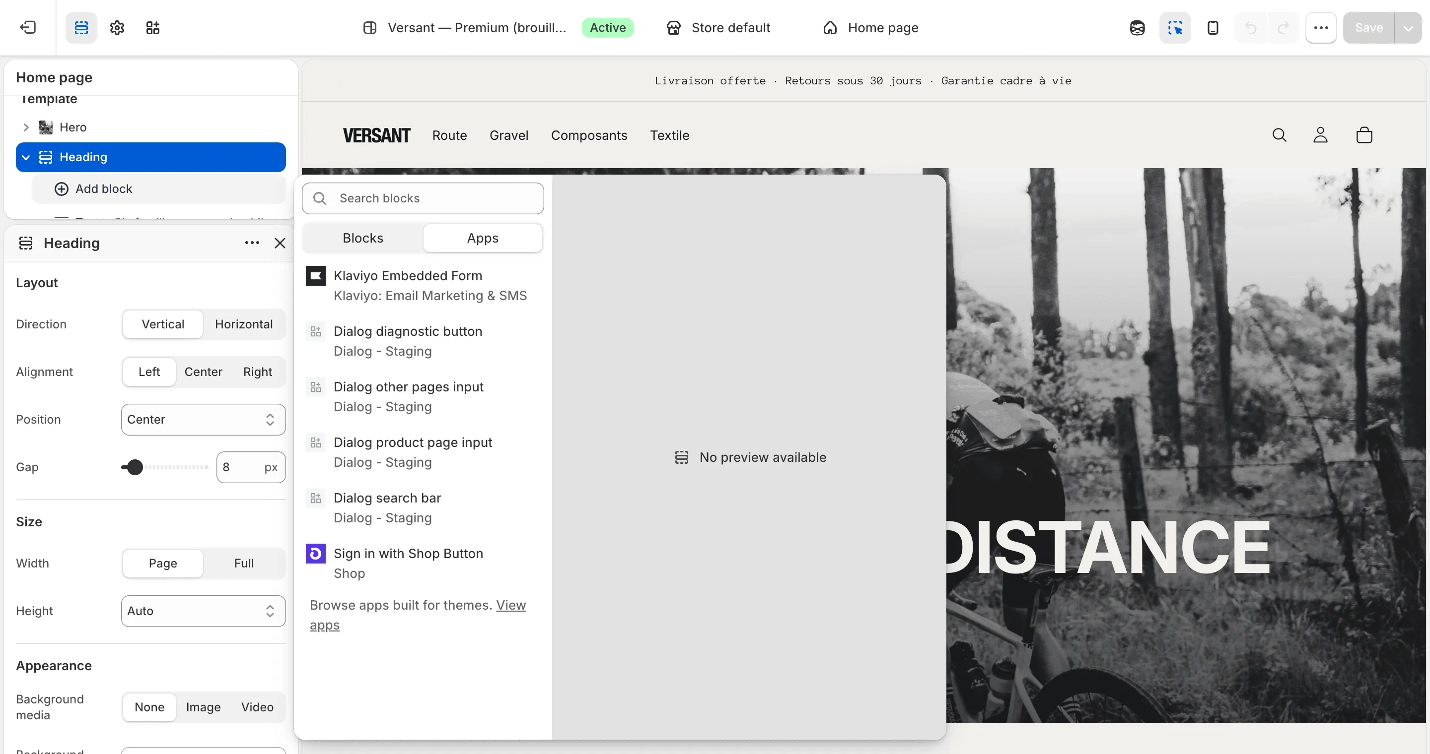The Shopify theme editor with a home page section selected: the Apps tab of the Add block list, showing Dialog search bar