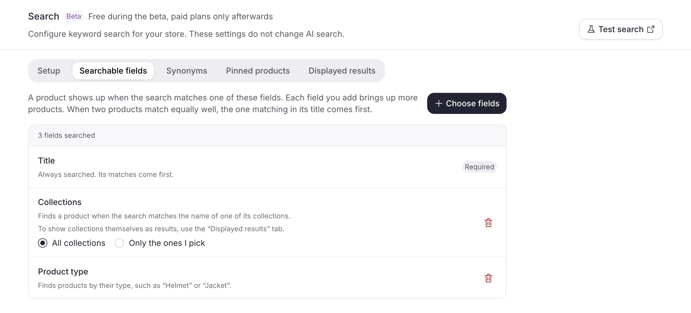The Searchable fields tab: Title, marked Required, followed by the other searched fields and the Choose fields button