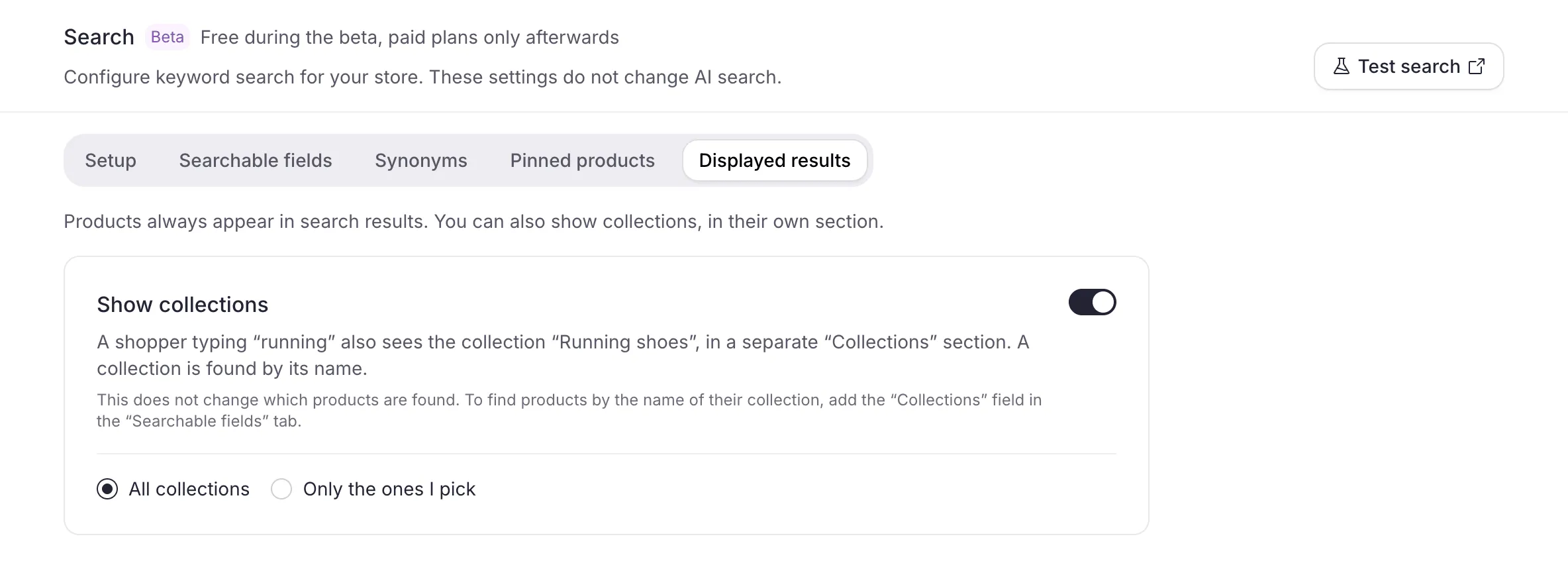 The Displayed results tab: the Show collections switch turned on, with the All collections and Only the ones I pick options