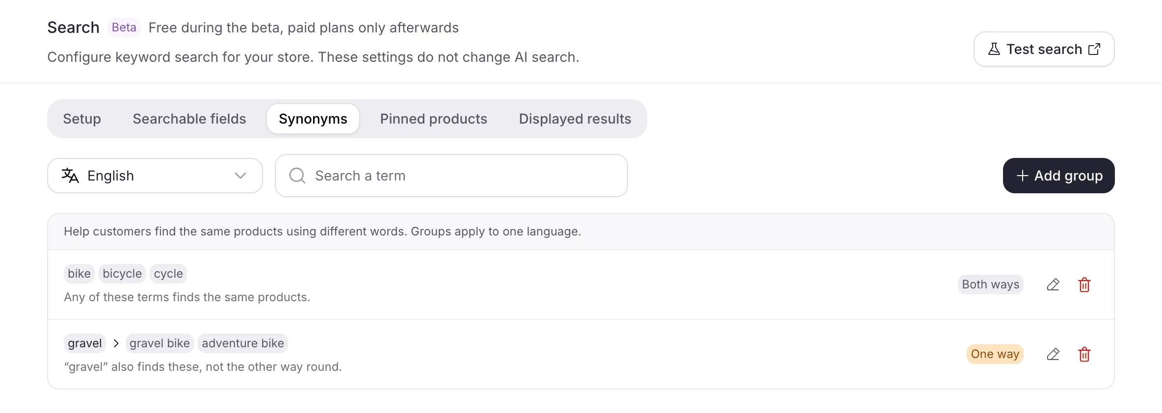 The Synonyms tab: the language selector, the term filter, the Add group button and the list of synonym groups