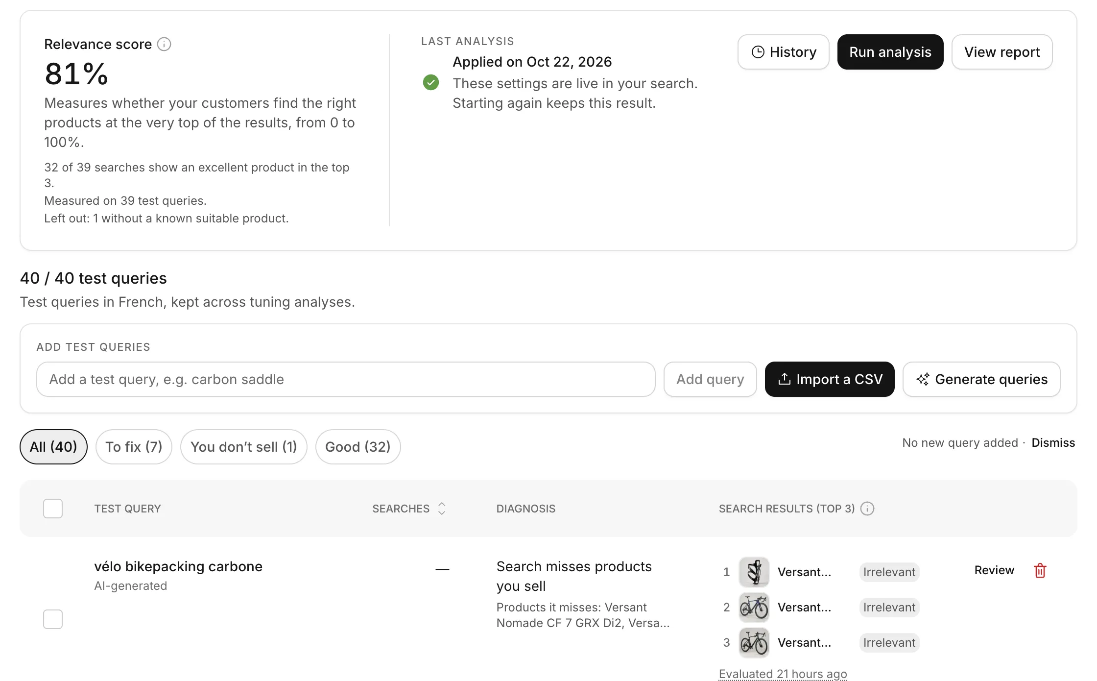 The Tuning tab: the relevance score (81%), the last analysis applied with its History, Run analysis and View report buttons, then the 40 test queries with the add, import and generate actions, the filters and a first query with its diagnosis and its graded top 3